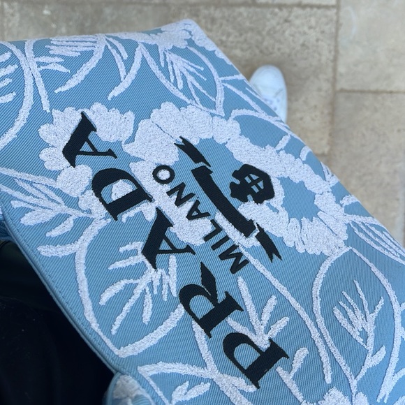 This Prada embroidered drill tote features an enlarged Prada logo on the front. - Picture 9 of 11